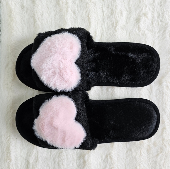 HEART Slippers Fuzzy Fluffy Memory Foam Open Toe Indoor Outdoor House Shoes PINK - Picture 3 of 8